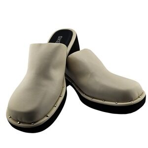 SIKELO Cream Beige Faux Leather Studded Platform Clogs Mules Shoes